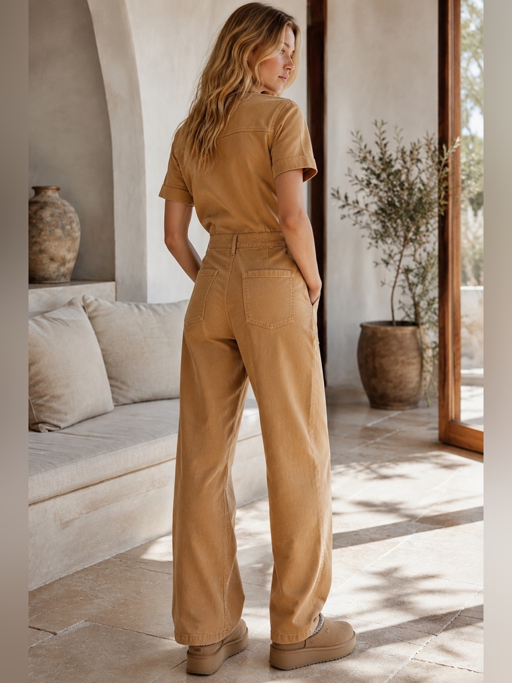 Mango NWT Camel Corduroy Utility Jumpsuit Zip Front Boho Coastal Indie Chic - Picture 2 of 5
